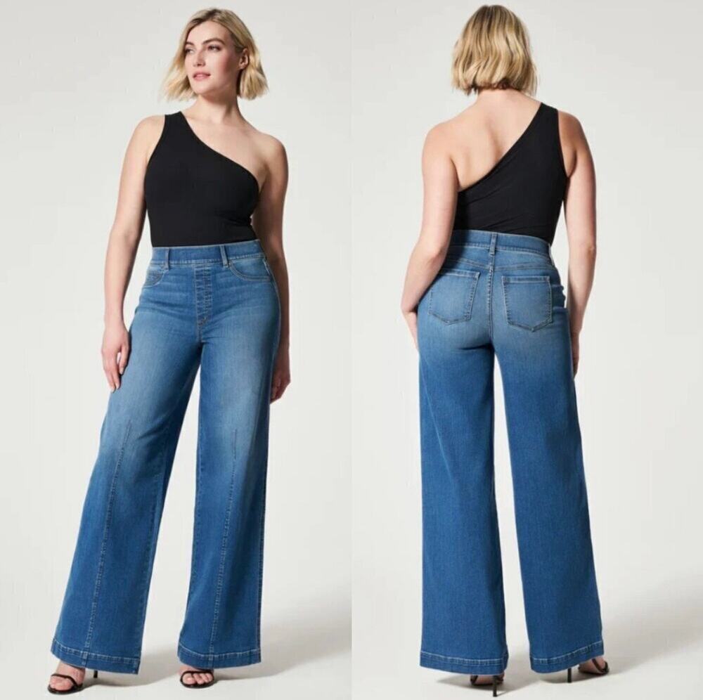 SPANX Seamed Front Wide Leg Pull On Stretch Shaping Jeans Vintage Indigo Large